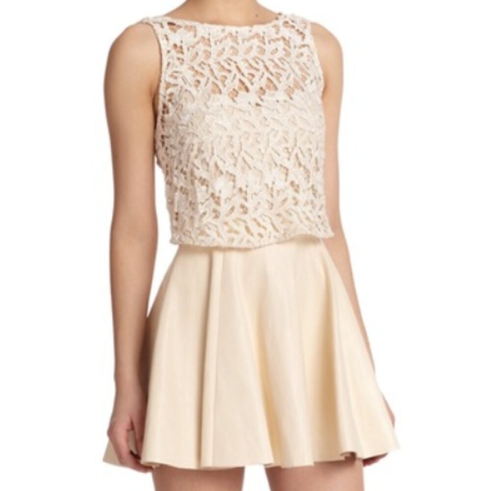 Alice & Olivia Dress Womens 4 Julie Leather Lace Mini Designer Crochet Ivory